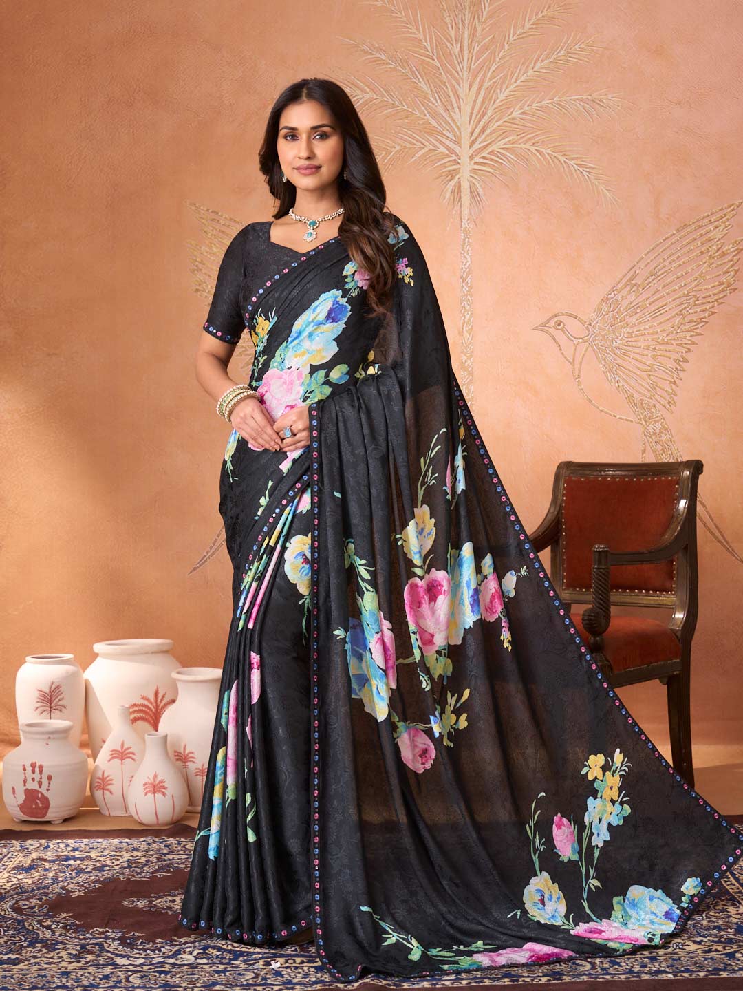 Black floral embroidered silk blend saree festive wear