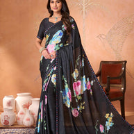 Black floral embroidered silk blend saree festive wear
