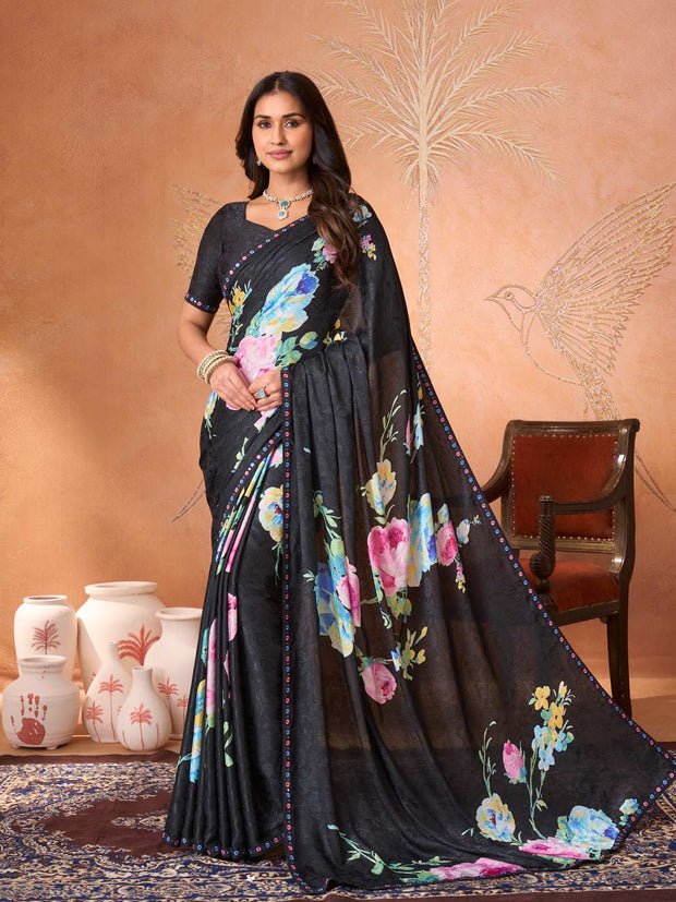 Black floral embroidered silk blend saree festive wear