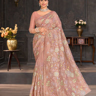 Pink embroidered tissue organza saree party wear