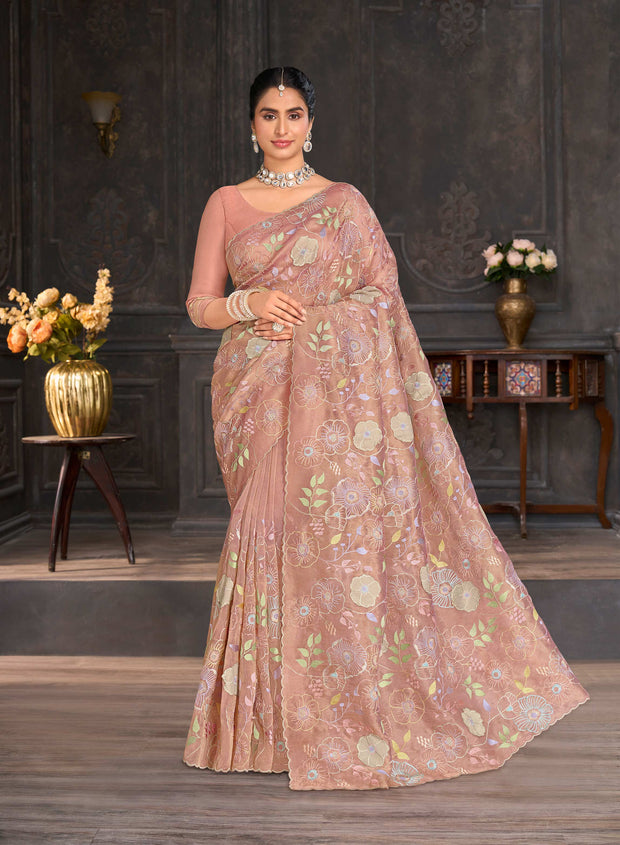 Pink embroidered tissue organza saree party wear
