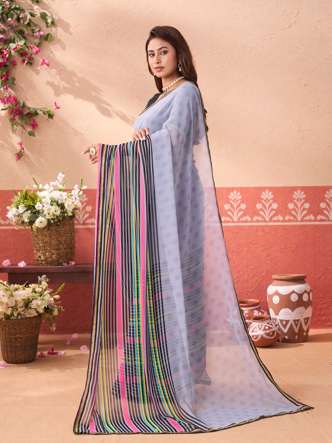Grey geometric printed georgette saree daily wear