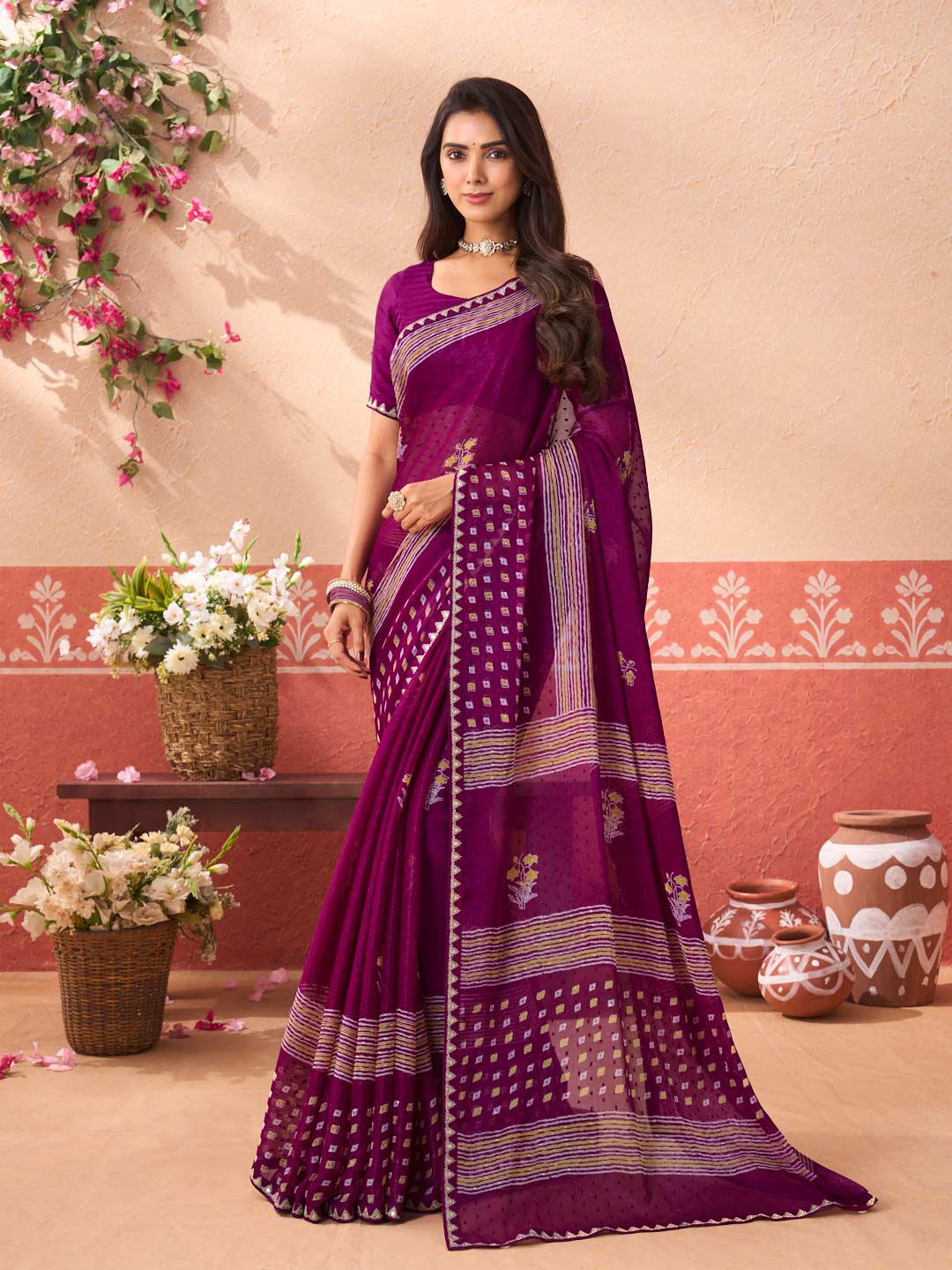 Purple geometric printed chiffon saree party wear
