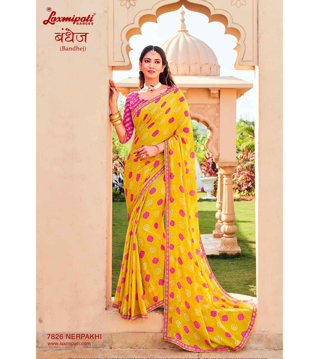 Laxmipati Bandhej 7826 Nerpakhi Chiffon Yellow Saree