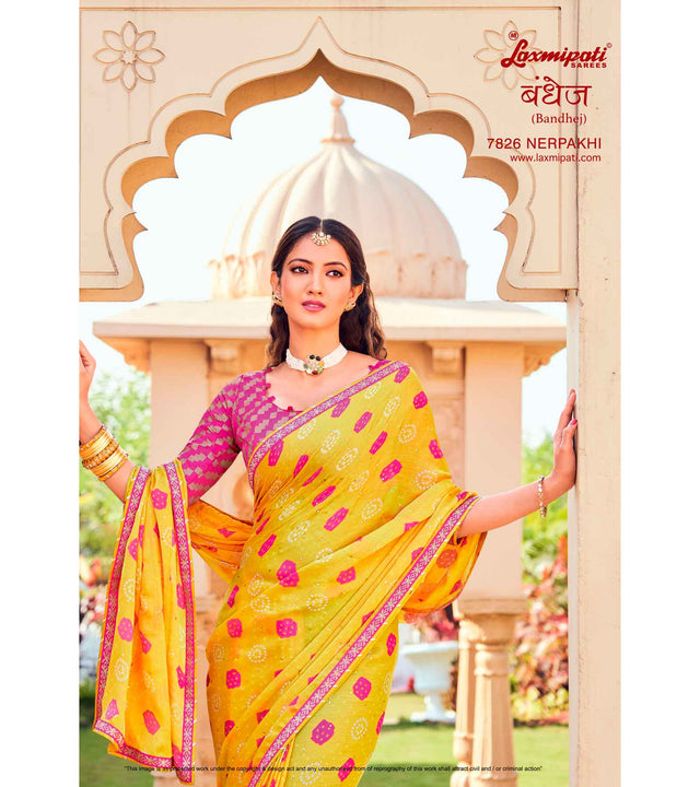 Laxmipati Bandhej 7826 Nerpakhi Chiffon Yellow Saree