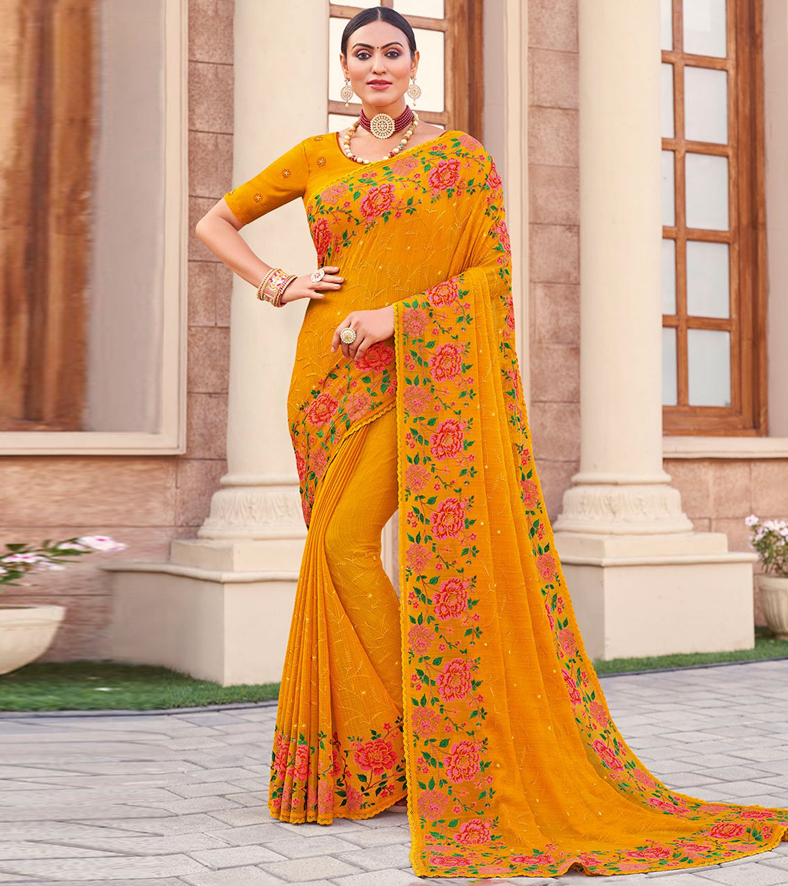 Laxmipati Chiffon Mustard Floral Embroidered Saree
