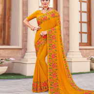 Laxmipati Chiffon Mustard Floral Embroidered Saree