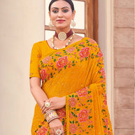 Laxmipati Chiffon Mustard Floral Embroidered Saree
