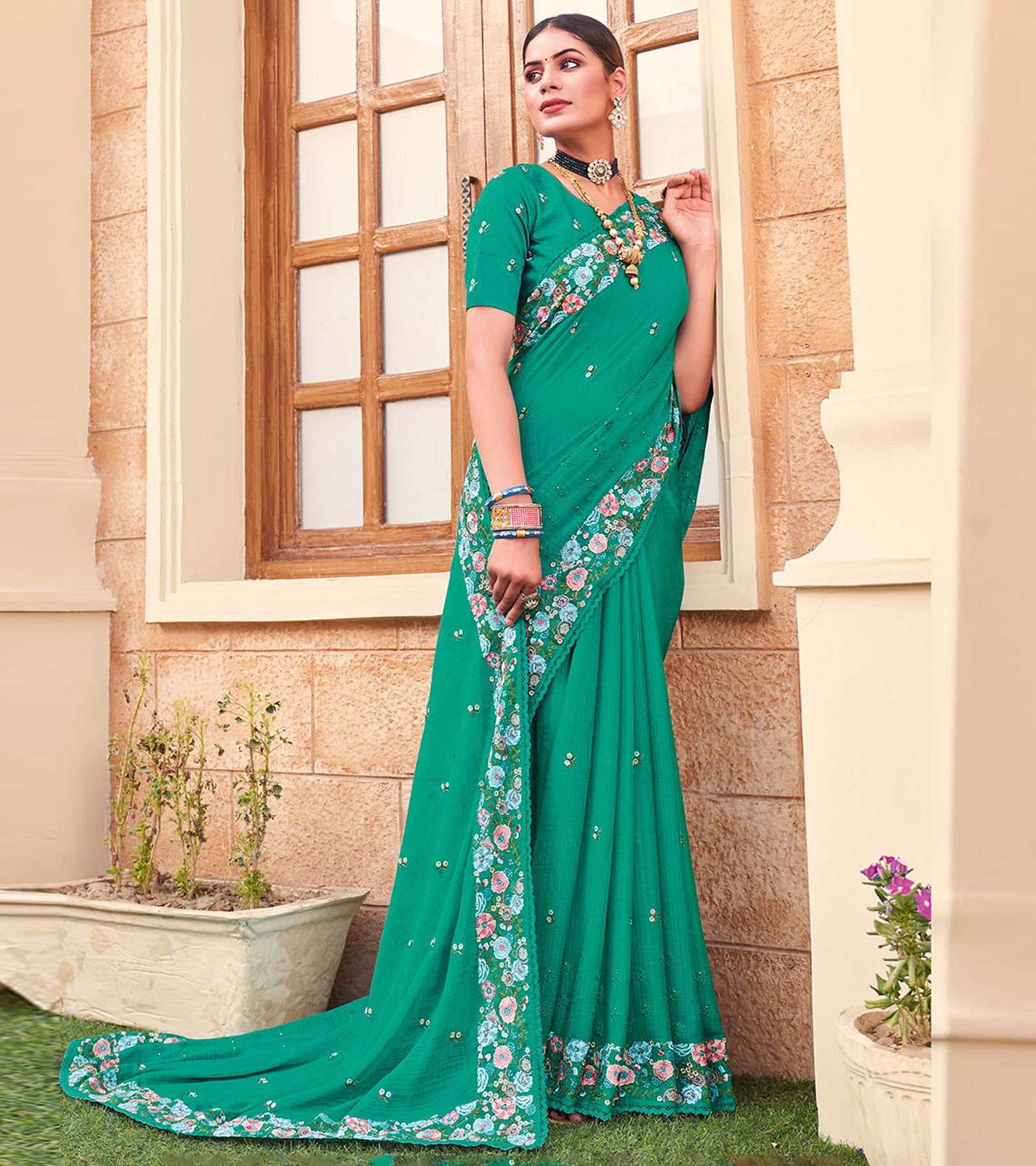Laxmipati Chiffon Green Floral Embroidered Saree