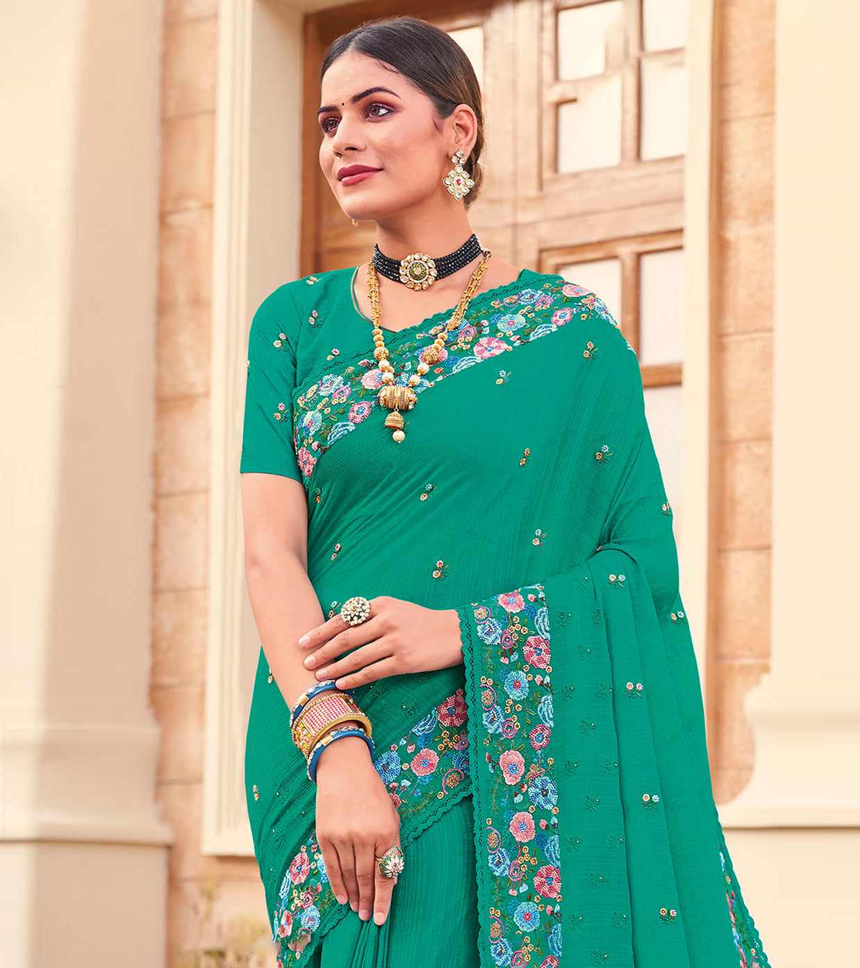Laxmipati Chiffon Green Floral Embroidered Saree