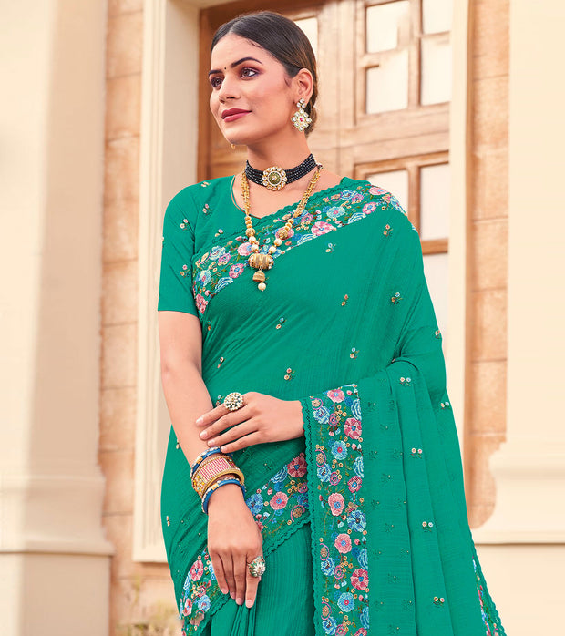 Laxmipati Chiffon Green Floral Embroidered Saree