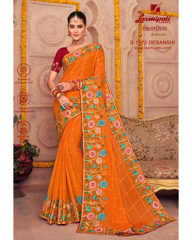Laxmipati Kishmish S-1372 Debanshi Chiffon Checks Orange Saree