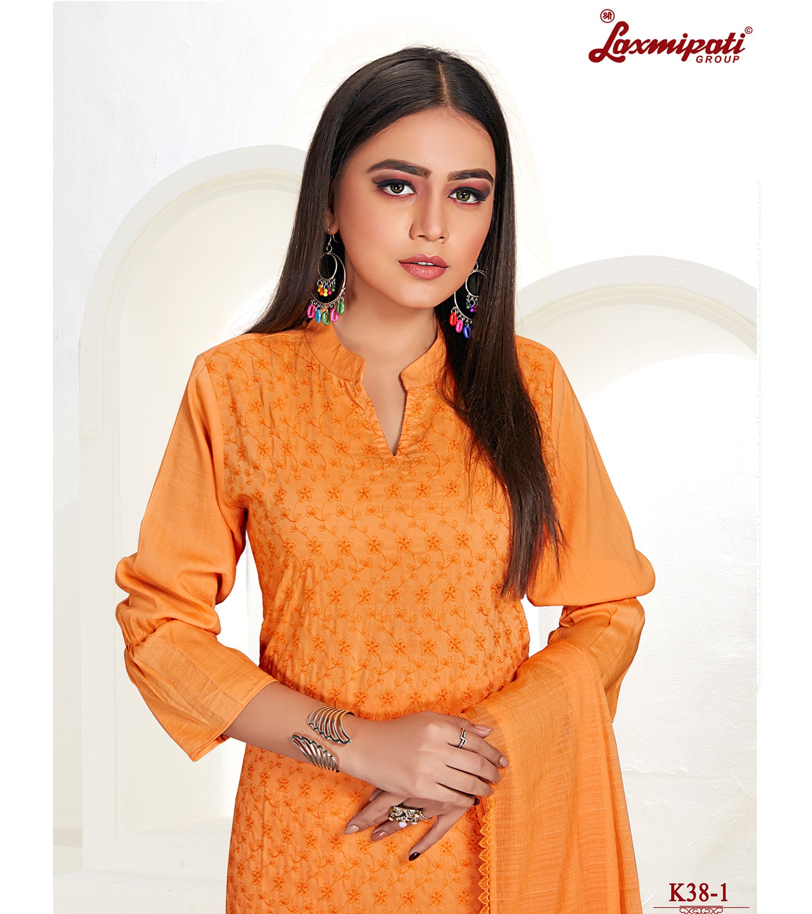 Laxmipati Namrata  Muslin Base Orange Straight Cut Kurti With Pant & Dupatta