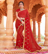 Laxmipati Chiffon Red Leheriya Prints with Resham Work Embroidery Work Saree