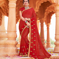 Laxmipati Chiffon Red Leheriya Prints with Resham Work Embroidery Work Saree