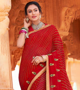 Laxmipati Chiffon Red Leheriya Prints with Resham Work Embroidery Work Saree