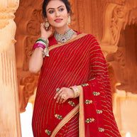Laxmipati Chiffon Red Leheriya Prints with Resham Work Embroidery Work Saree