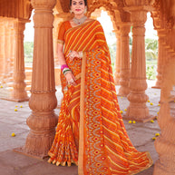 Laxmipati Chiffon Orange Leheriya Prints with Resham Work Embroidery Work Saree