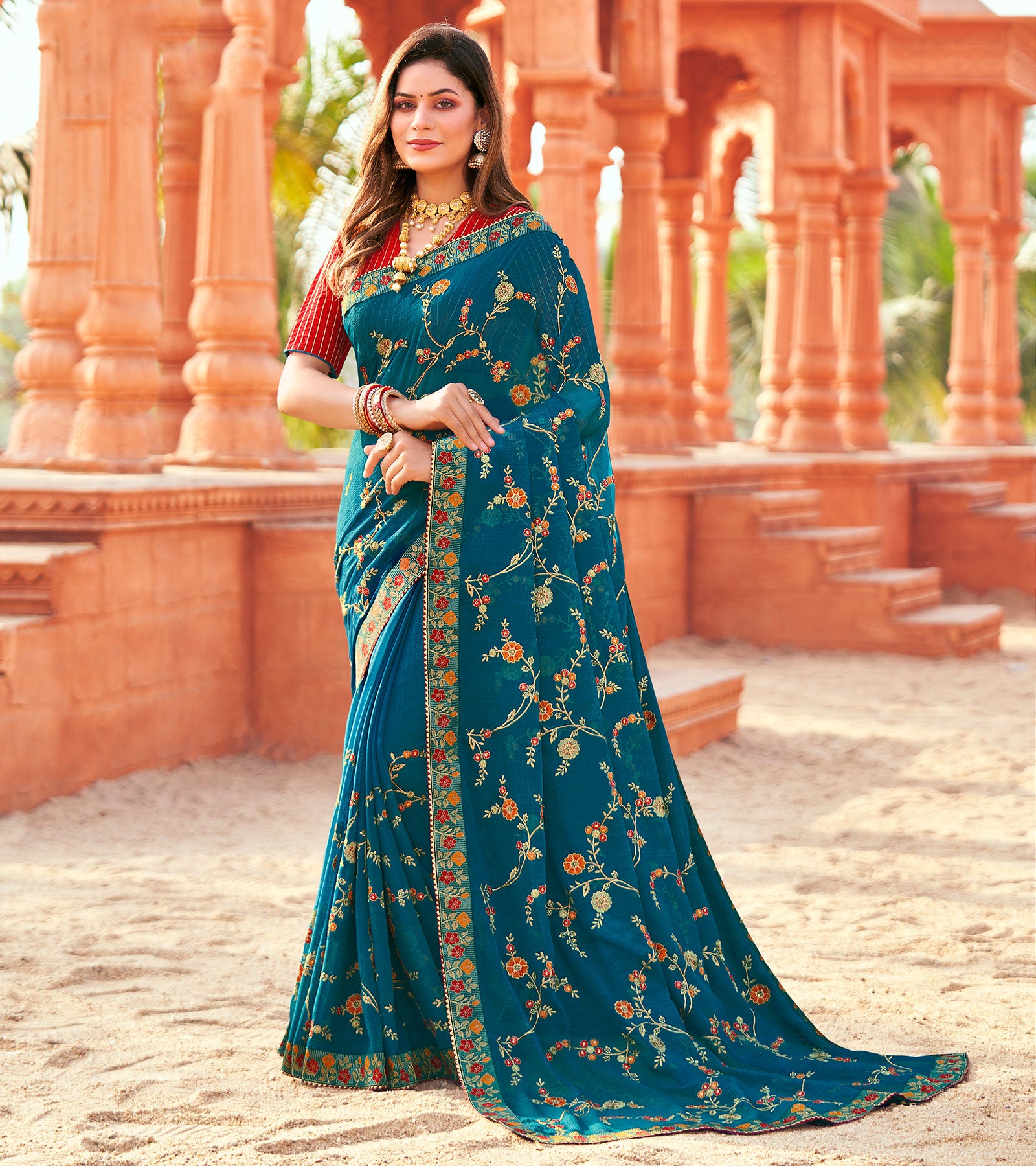 Laxmipati Chiffon Rama Blue Saree