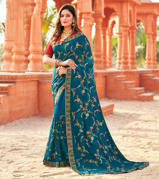 Laxmipati Chiffon Rama Blue Saree