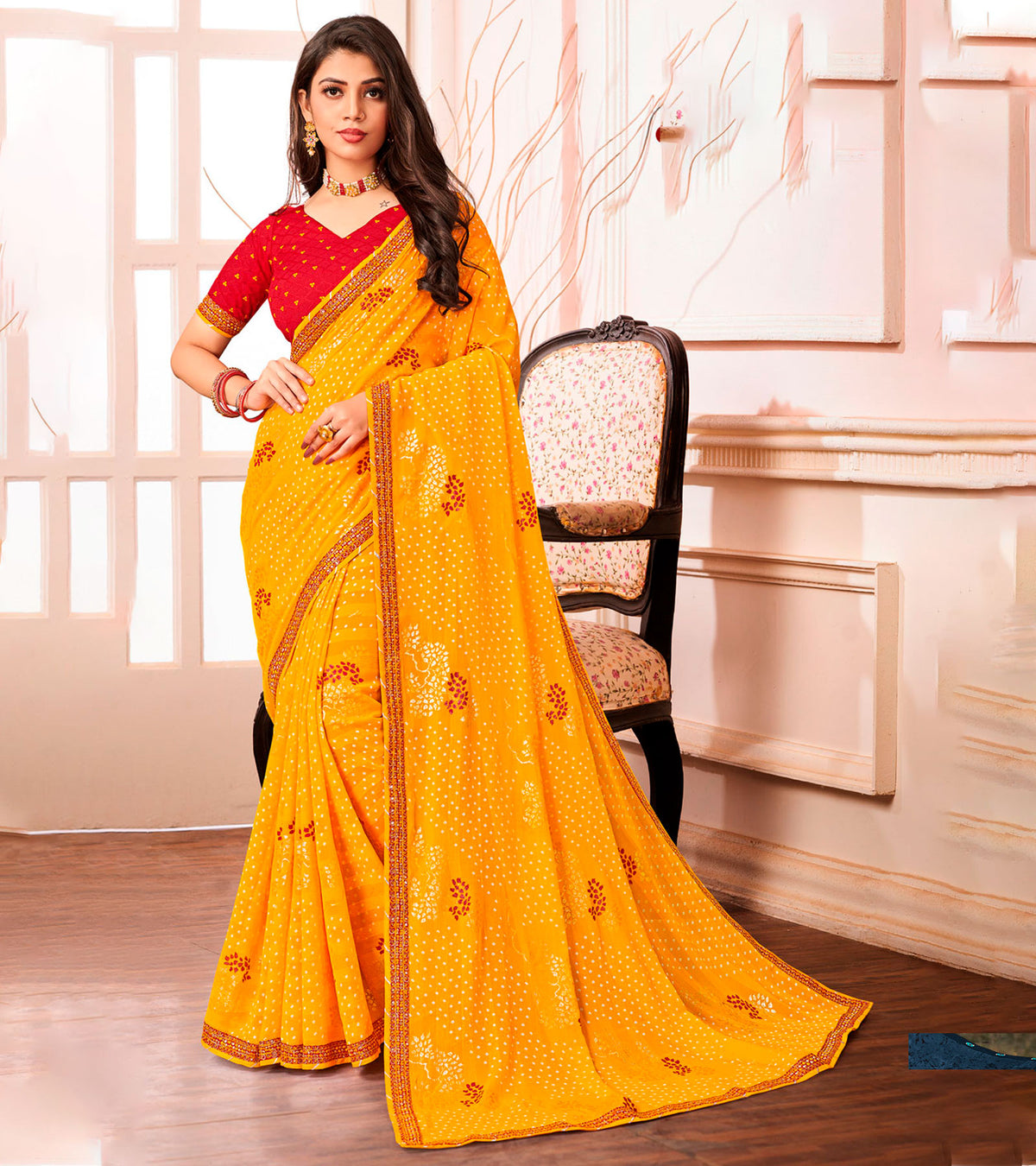 Laxmipati Chiffon Gold Foil Print with Fancy Border Saree