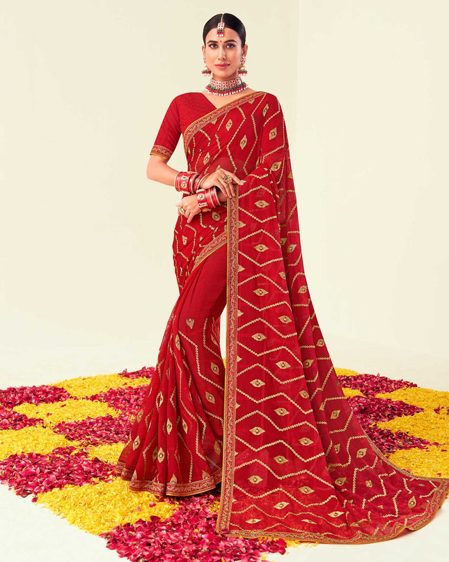 Laxmipati Chiffon Red Embroidered Saree