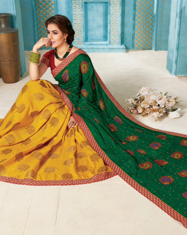Laxmipati Satin Crush Chiffon Green & Yellow  Bandani Print With Embroidery Border Sarees