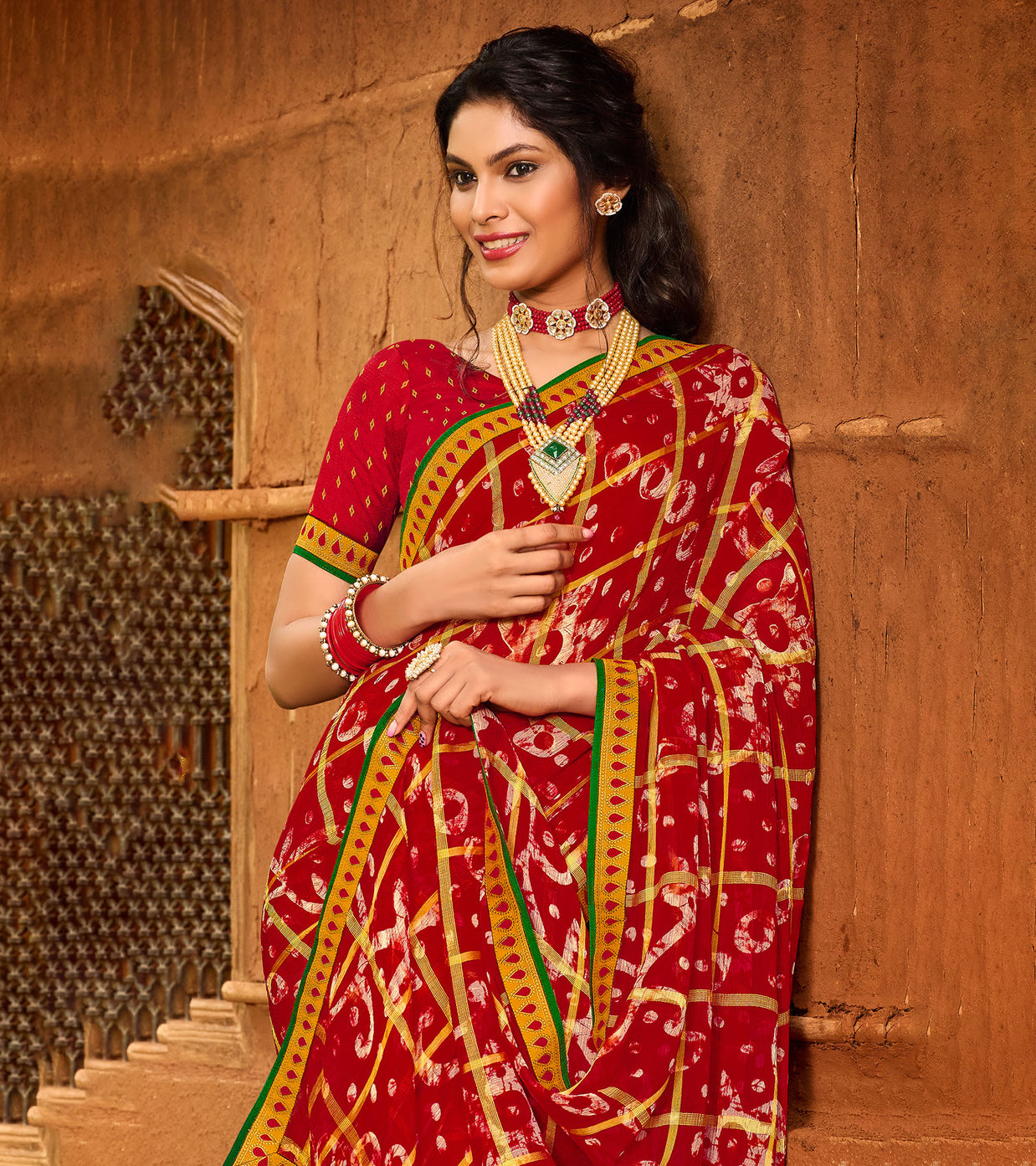 Laxmipati Chiffon Checks Red Sarees