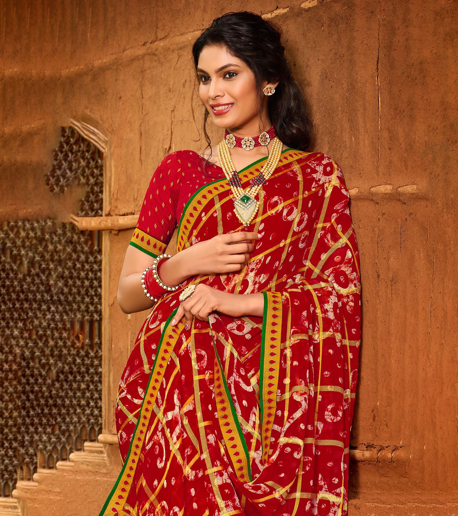 Laxmipati Chiffon Checks Red Sarees