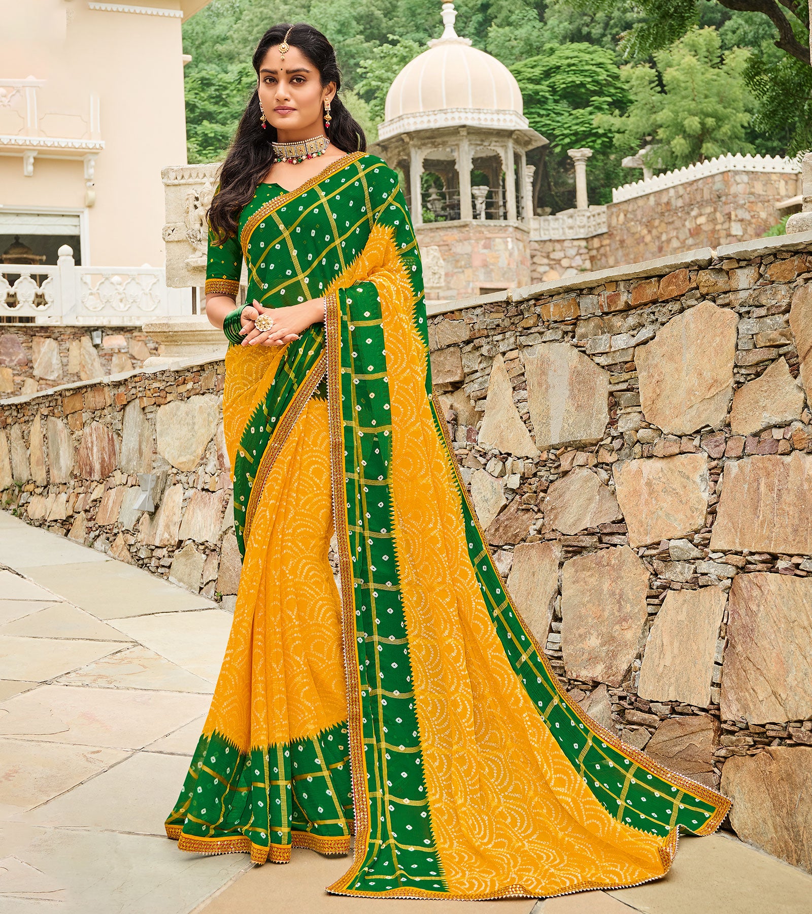 Laxmipati Yellow Bandhani Chiffon Printed Saree