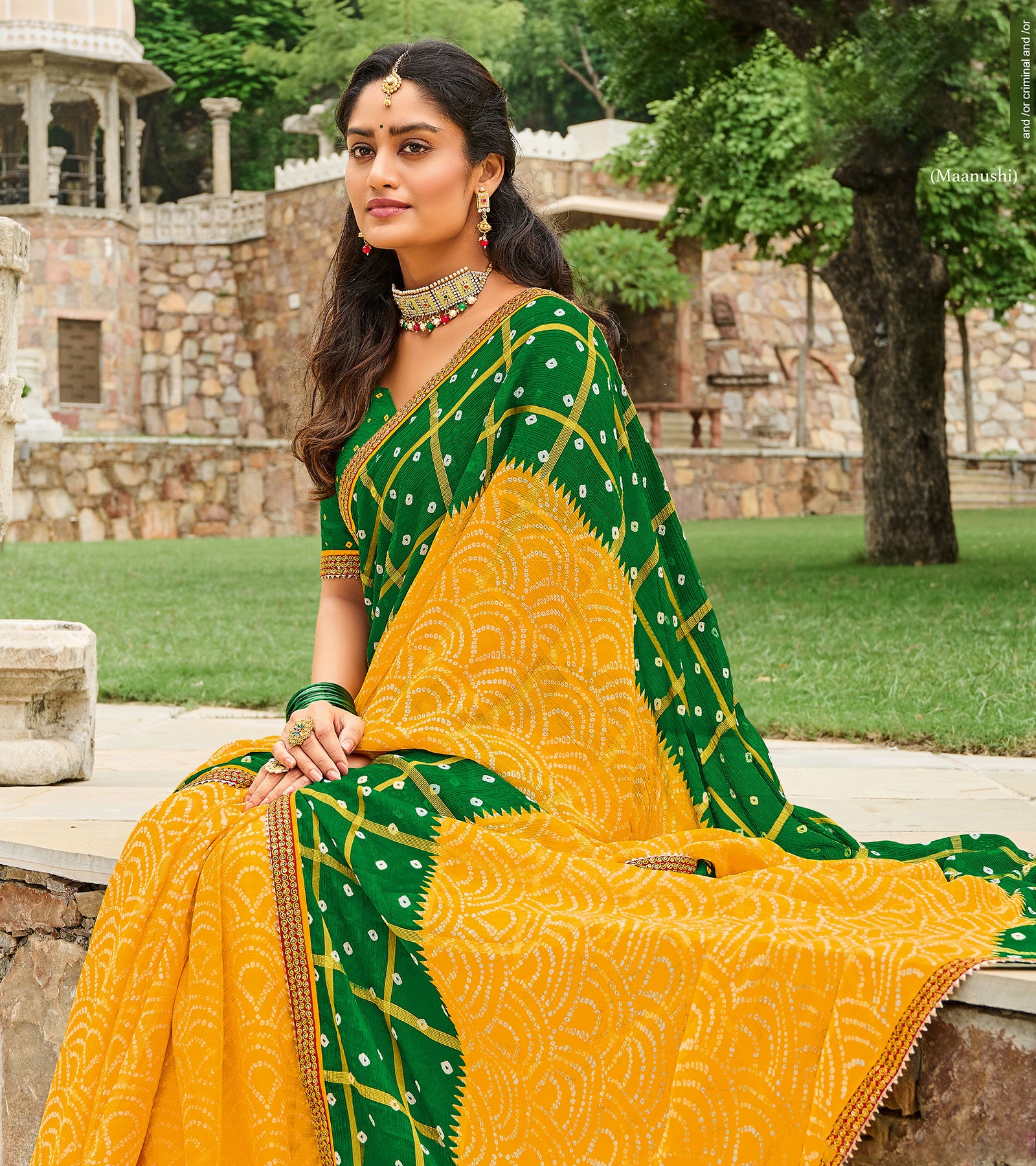 Laxmipati Yellow Bandhani Chiffon Printed Saree