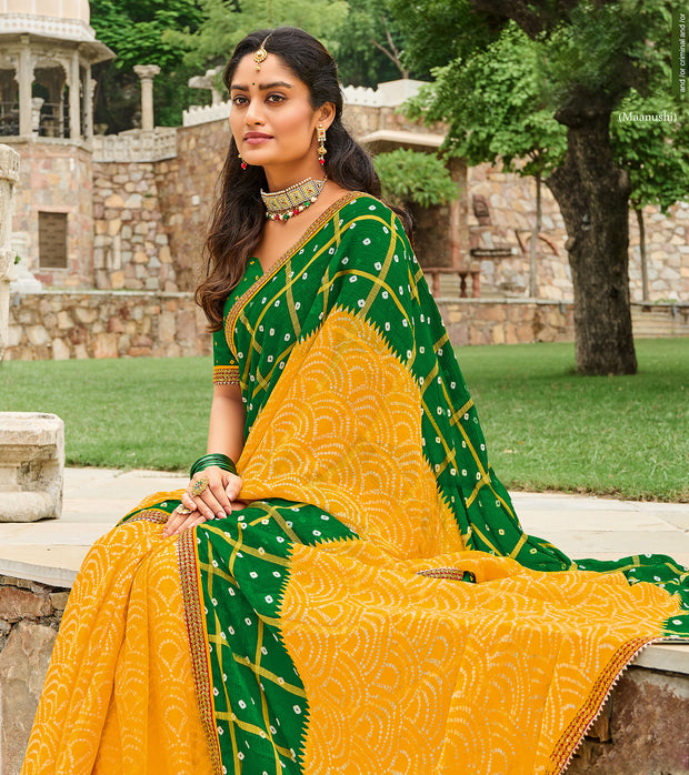 Laxmipati Yellow Bandhani Chiffon Printed Saree