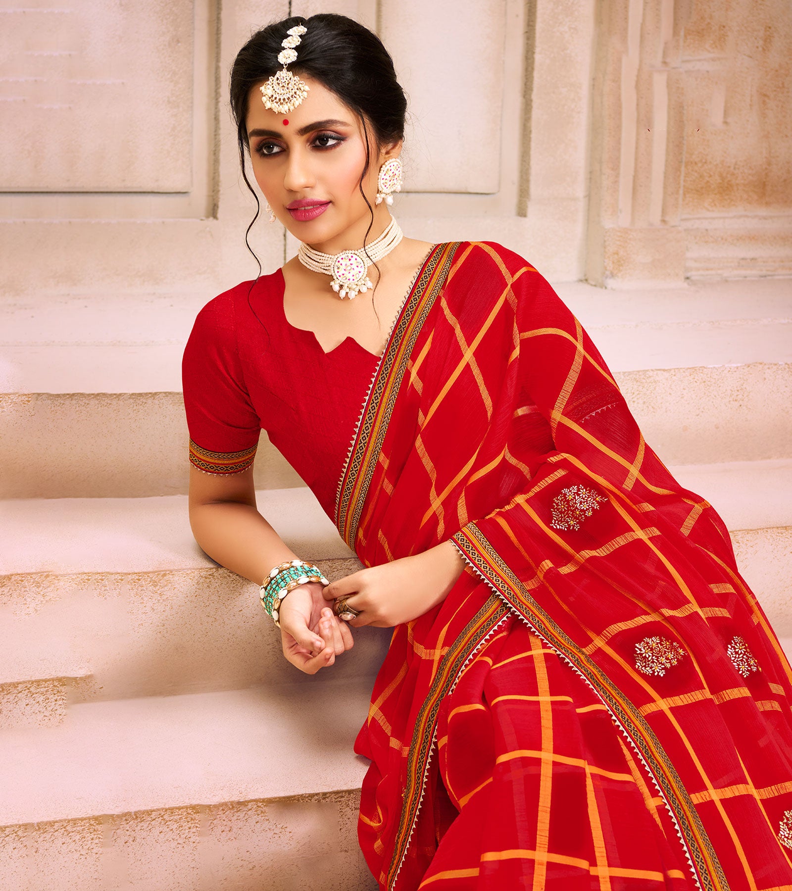 Laxmipati  Chiffon Red Saree