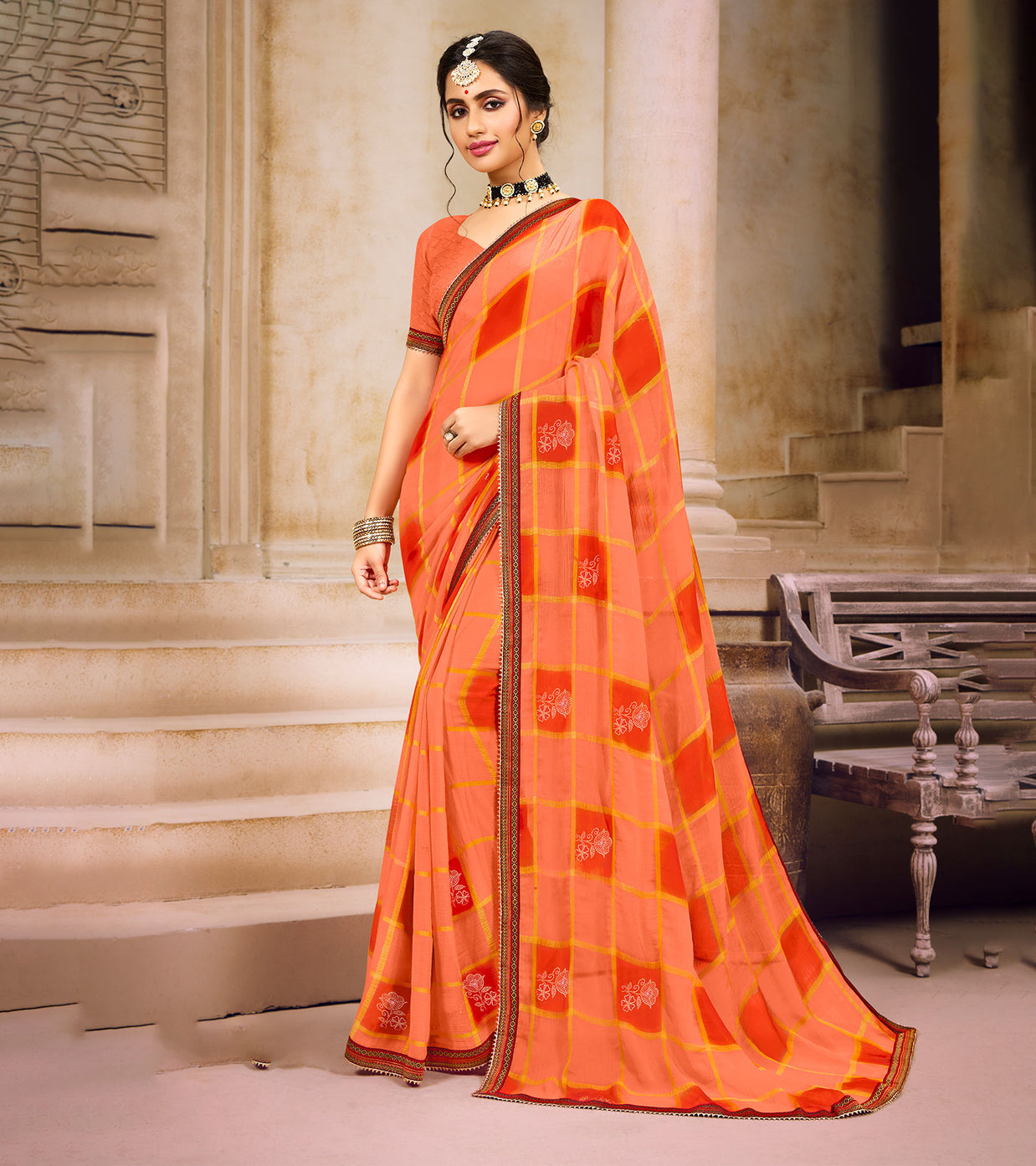 Laxmipati  Chiffon Orange Saree