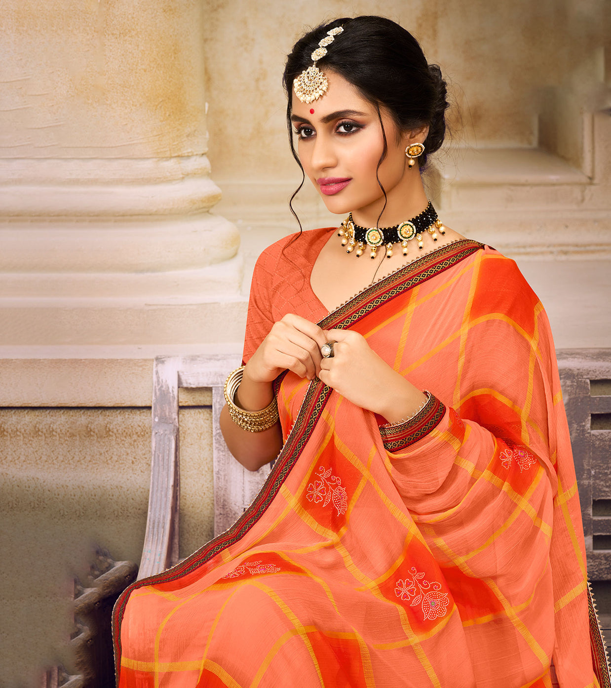Laxmipati  Chiffon Orange Saree