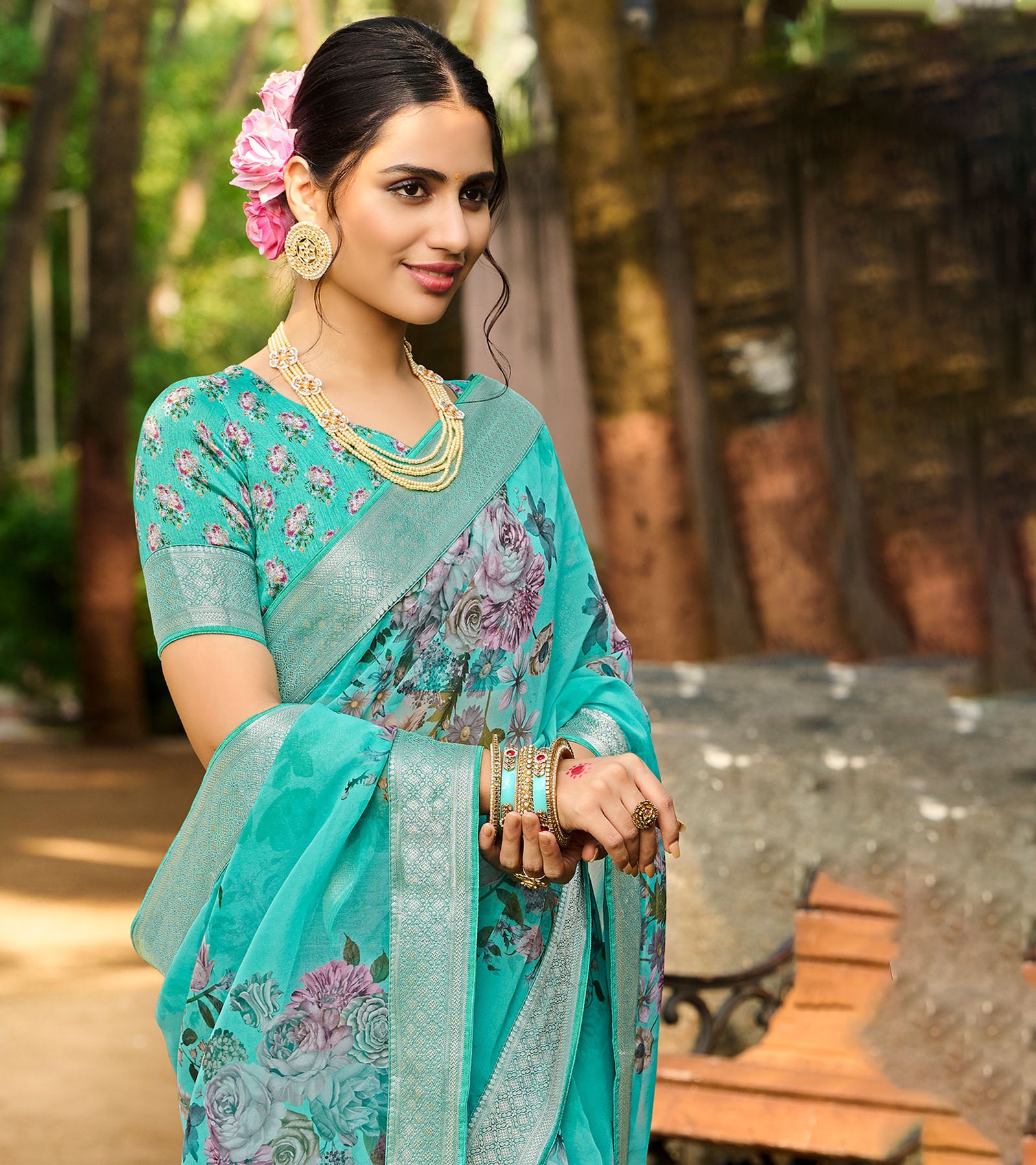 Laxmipati Organza Naptune Blue Flower Print Saree | Laxmipati ...