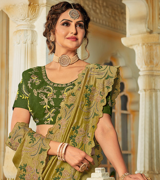 Laxmipati Tangail Silk Heavy  Embroidry Work, Embroidered Blouse Olive Green Saree