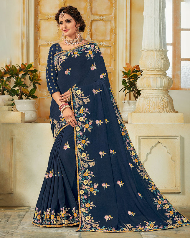 Laxmipati Tangail Silk Heavy  Embroidry Work, Embroidered Blouse Navy Blue Saree
