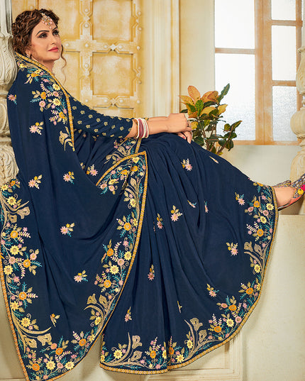 Laxmipati Tangail Silk Heavy  Embroidry Work, Embroidered Blouse Navy Blue Saree