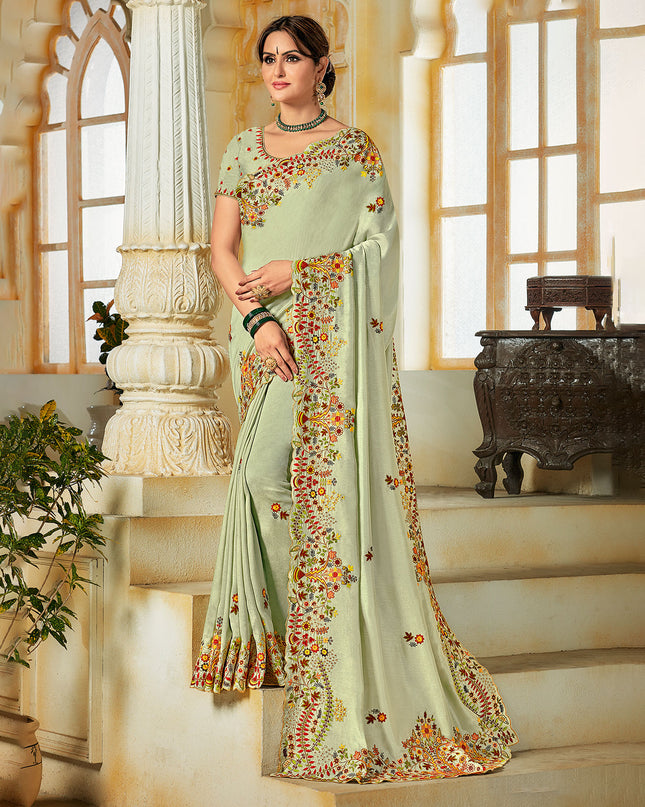 Laxmipati Silk Touch Heavy  Embroidry Work, Embroidered Blouse Pista Green Saree