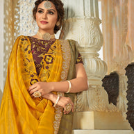 Laxmipati Silk Pattern Heavy  Embroidry Work, Embroidered Blouse Mustard Saree
