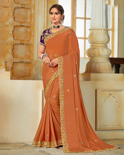 Laxmipati Silk Touch Heavy  Embroidry Work, Embroidered Blouse Rust Saree