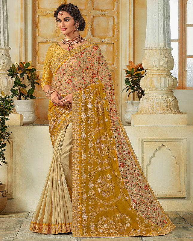 Laxmipati Silk touch & Tissu Georgatte Heavy  Embroidry Work, Embroidered Blouse Chikoo & mustard Saree