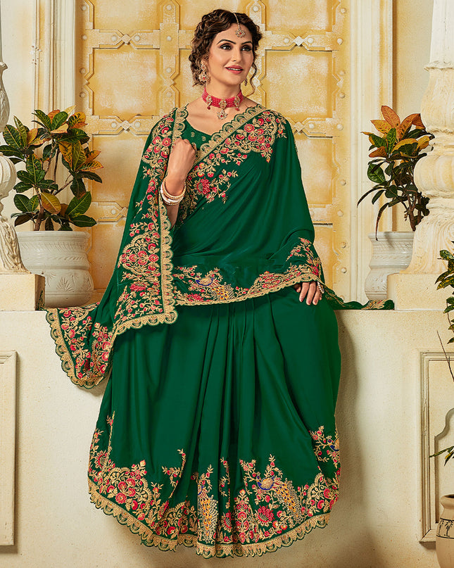 Laxmipati Silk Touch Heavy  Embroidry Work, Embroidered Blouse Bottle Green Saree