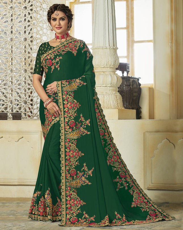 Laxmipati Silk Touch Heavy  Embroidry Work, Embroidered Blouse Bottle Green Saree
