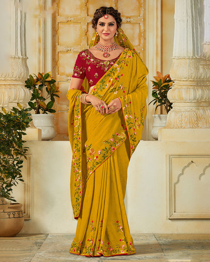 Laxmipati Silk Touch Heavy  Embroidry Work, Embroidered Blouse Mustard Saree
