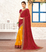 Laxmipati Silk Touch Gold & Red Bandhani Print With Zari Work Border Saree