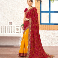 Laxmipati Silk Touch Gold & Red Bandhani Print With Zari Work Border Saree