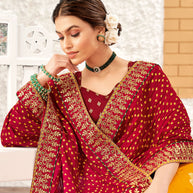 Laxmipati Silk Touch Gold & Red Bandhani Print With Zari Work Border Saree