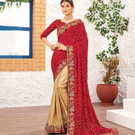 Laxmipati Silk Touch Chikoo & Red Bandhani Print With Zari Work Border Saree
